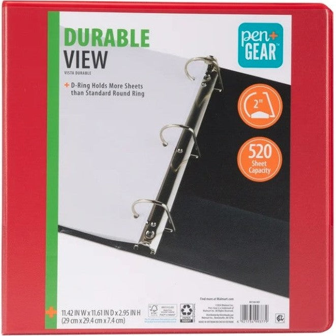 Red Pen+Gear D-ring binder with sheet capacity and dimensions.